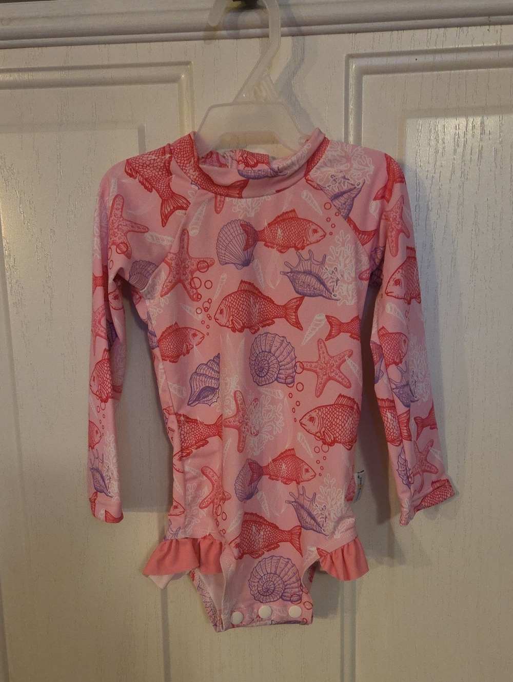 Kids Pink Sea Life Long-Sleeve Rash Guard Swimsuit Size 12 To 18 Months